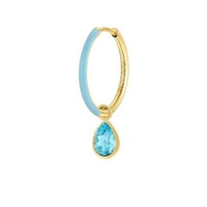 Orecchino singolo a cerchio in acciaio 316L e finitura pvd oro 14K con smalto tuchese e cristallo colore aqua bohemica.