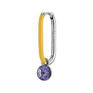 Orecchino singolo rettangolare in acciaio 316L con smalto giallo e cristallo colore tanzanite.