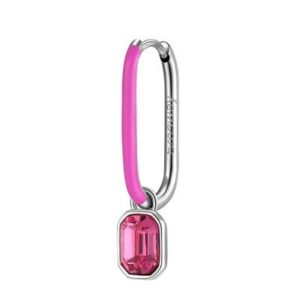 Orecchino singolo rettangolare in acciaio 316L con smalto fucsia e cristallo colore rose.