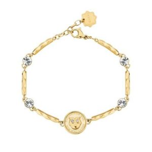 Bracciale semirigido in acciaio 316L e finitura pvd oro 14K con gufo e cristalli.