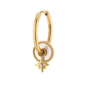 Orecchino singolo a cerchio in acciaio 316L e finitura pvd oro 14K con stella, madreperla e cristallo.