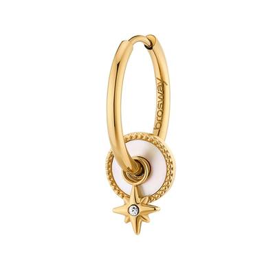 Orecchino singolo a cerchio in acciaio 316L e finitura pvd oro 14K con stella, madreperla e cristallo.