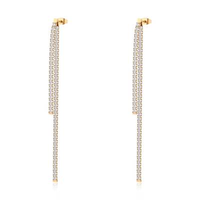 Orecchini pendenti due fili in acciaio 304 e finitura pvd oro 14K con cubic zirconia.