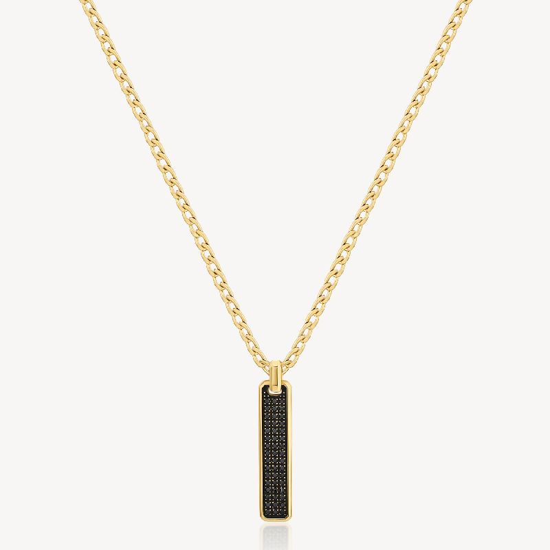 Collana catena grumetta lunga in acciaio 316L e finitura pvd oro 14K con pendente e zirconi neri.