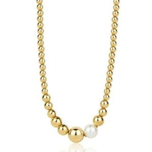 Collana girocollo in acciaio 316L e finitura pvd oro 14K con perla di conchiglia.