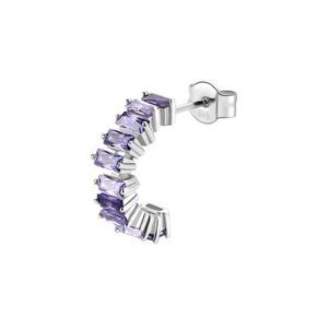 Orecchino singolo a cerchietto in argento rodiato 925&permil; con baguette cubic zirconia colore amethyst.