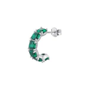 Orecchino singolo a cerchietto in argento rodiato 925‰ con cushion cubic zirconia colore emerald.