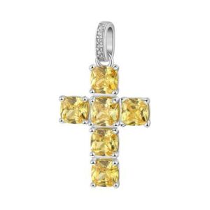 Pendente a forma di croce in argento rodiato 925&permil; con cushion cubic zirconia colore golden yellow.