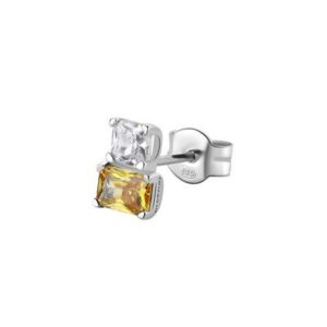 Orecchino singolo a lobo in argento rodiato 925‰ con square cubic zirconia chiari e baguette cubic zirconia colore golden yellow.