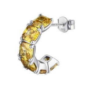 Orecchino singolo a cerchietto in argento rodiato 925‰ con cushion cubic zirconia colore golden yellow.