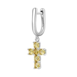 Orecchino singolo in argento rodiato 925‰ con pendente a forma di croce e cushion cubic zirconia colore golden yellow.