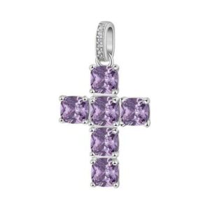 Pendente a forma di croce in argento rodiato 925&permil; con cushion cubic zirconia colore amethyst.
