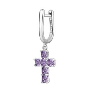 Orecchino singolo in argento rodiato 925‰ con pendente a forma di croce e cushion cubic zirconia colore amethyst.