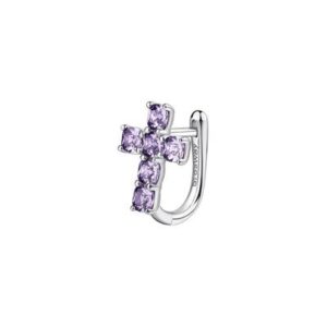 Orecchino singolo a lobo in argento rodiato 925‰ a forma di croce con cushion cubic zirconia colore amethyst.