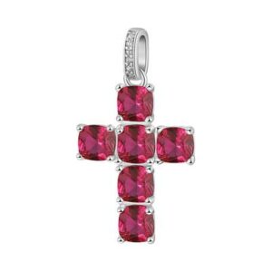 Pendente a forma di croce in argento rodiato 925&permil; con cushion cubic zirconia colore ruby.