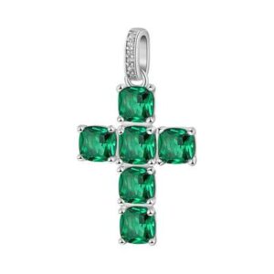 Pendente a forma di croce in argento rodiato 925&permil; con cushion cubic zirconia colore emerald.
