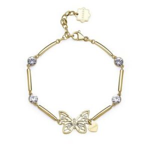 Bracciale semirigido in acciaio 316L e finitura pvd oro 14K con centrale a forma di farfalla, pendente a forma di cuore con incisione "Friend" e cristalli.