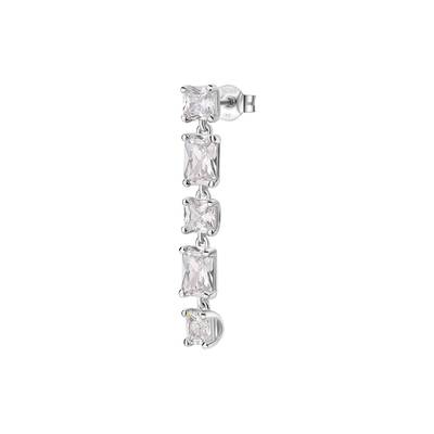 Orecchino singolo pendente in argento rodiato 925‰ con cushion e baguette cubic zirconia.