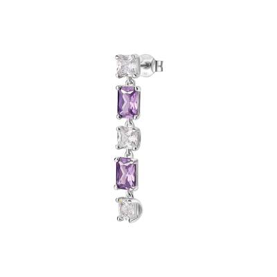Orecchino singolo pendente in argento rodiato 925‰ con cushion cubic zirconia chiari e baguette cubic zirconia colore amethyst.