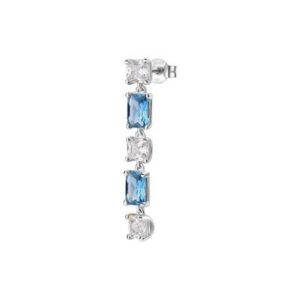 Orecchino singolo pendente in argento rodiato 925&permil; con cushion cubic zirconia chiari e baguette cubic zirconia colore sapphire.