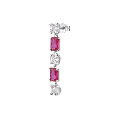 Orecchino singolo pendente in argento rodiato 925‰ con cushion cubic zirconia chiari e baguette cubic zirconia colore ruby.