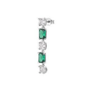 Orecchino singolo pendente in argento rodiato 925&permil; con cushion cubic zirconia chiari e baguette cubic zirconia colore emerald.