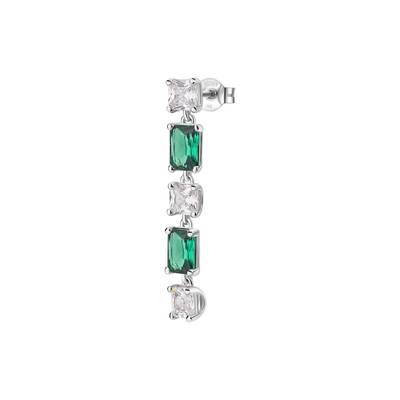 Orecchino singolo pendente in argento rodiato 925‰ con cushion cubic zirconia chiari e baguette cubic zirconia colore emerald.