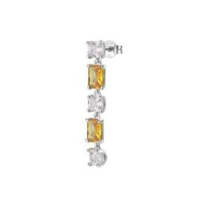 Orecchino singolo pendente in argento rodiato 925&permil; con cushion cubic zirconia chiari e baguette cubic zirconia colore golden yellow.