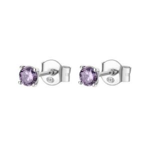 Orecchini a lobo in argento rodiato 925‰ con round cubic zirconia colore amethyst.