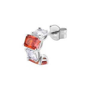 Orecchino singolo a cerchietto in argento rodiato 925‰ con square cubic zirconia chiari e baguette cubic zirconia colore orange.