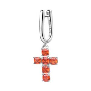 Orecchino singolo in argento rodiato 925‰ con pendente a forma di croce e cushion cubic zirconia colore orange.