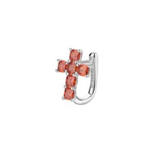 Orecchino singolo a lobo in argento rodiato 925‰ a forma di croce con cushion cubic zirconia colore orange.