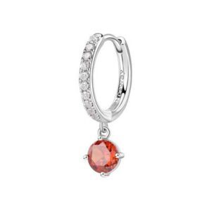 Orecchino singolo a cerchietto in argento rodiato 925&permil; con cubic zirconia chiari e pendente con round cubic zirconia colore orange.