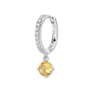 Orecchino singolo a cerchietto in argento rodiato 925&permil; con cubic zirconia chiari e pendente con round cubic zirconia colore golden yellow.
