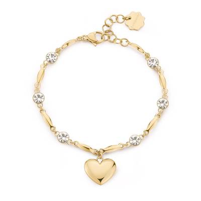 Bracciale semirigido in acciaio 316L e finitura pvd oro 14K, con pendente a forma di cuore e cristalli.