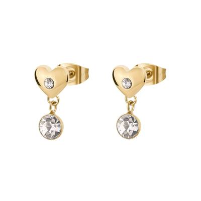 Orecchini in acciaio 316L e finitura pvd oro 14K a forma di cuore e cristalli.