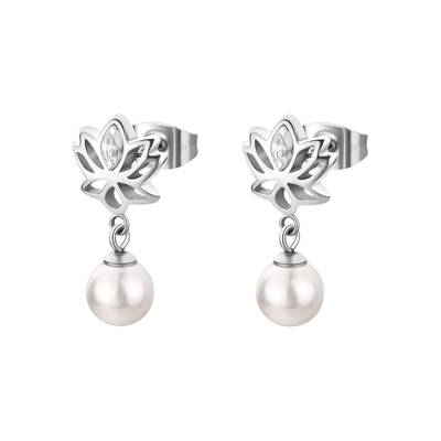 Orecchini in acciaio 316L a forma di fiore di loto, con perle di conchiglia e cristalli.