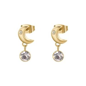 Orecchini in acciaio 316L e finitura pvd oro 14K a forma di luna e cristalli.