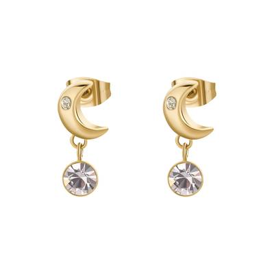 Orecchini in acciaio 316L e finitura pvd oro 14K a forma di luna e cristalli.
