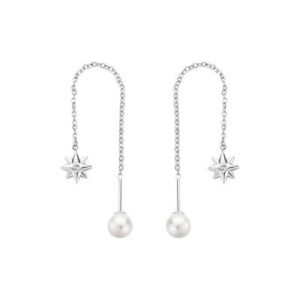 Orecchini saliscendi in acciaio 316L con pendenti a forma di rosa dei venti, perle di conchiglia e cristalli.