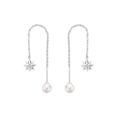 Orecchini saliscendi in acciaio 316L con pendenti a forma di rosa dei venti, perle di conchiglia e cristalli.