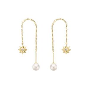 Orecchini saliscendi in acciaio 316L e finitura pvd oro 14K, con pendenti a forma di rosa dei venti, perle di conchiglia e cristalli.