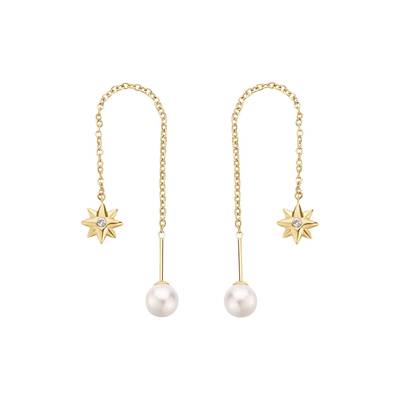 Orecchini saliscendi in acciaio 316L e finitura pvd oro 14K, con pendenti a forma di rosa dei venti, perle di conchiglia e cristalli.