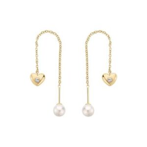 Orecchini saliscendi in acciaio 316L e finitura pvd oro 14K, con pendenti a forma di cuore, perle di conchiglia e cristalli.