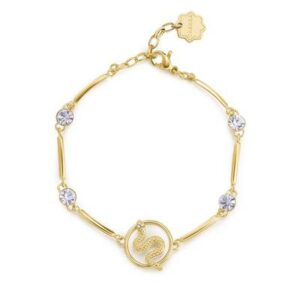 Bracciale semirigido in acciaio 316L e finitura pvd oro 14K, con centrale a forma di serpente e cristalli.