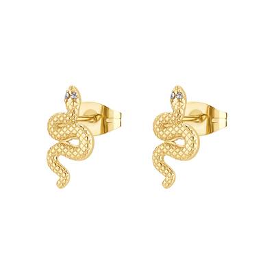 Orecchini a lobo in acciaio 316L e finitura pvd oro 14K, a forma di serpente e cristalli.