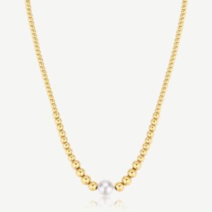 Collana a sfere in acciaio 316L e finitura pvd oro 14K, con perla di conchiglia.