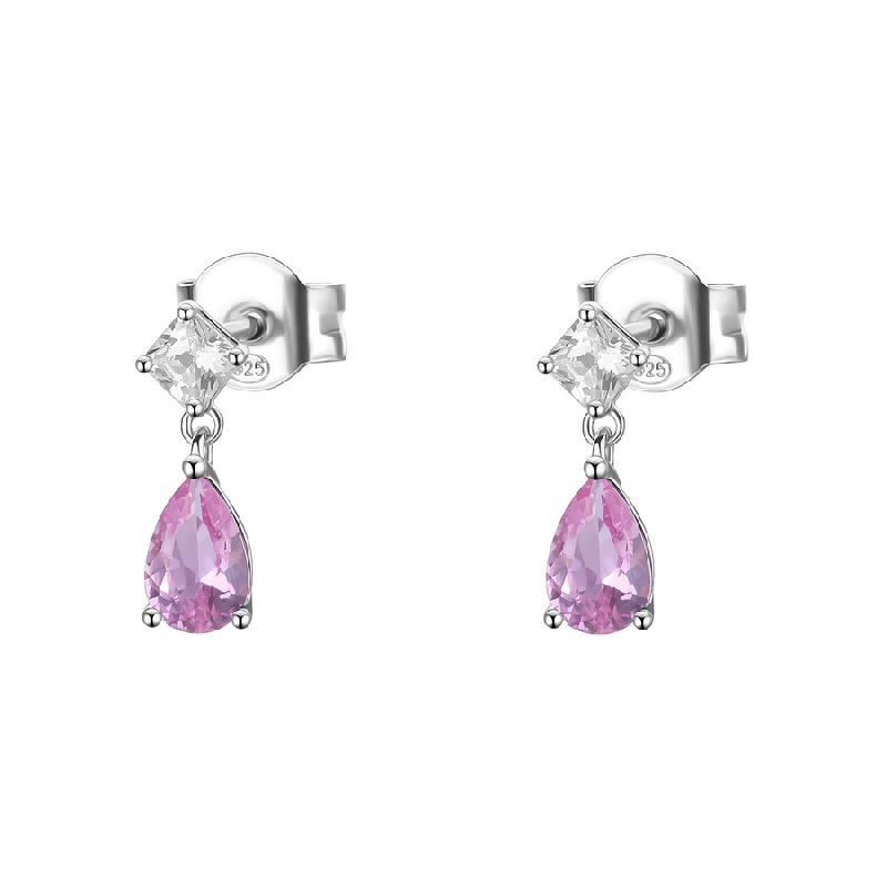 Orecchini pendenti in argento rodiato 925‰ con square cubic zirconia e pear cubic zirconia colore light ruby.