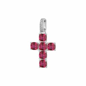 Pendente a forma di croce in argento rodiato 925‰ con cushion cubic zirconia colore ruby.