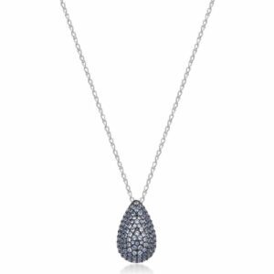 Collana girocollo in argento rodiato 925&permil; e pendente con galvanica colore rutenio e cubic zirconia colore light sapphire.